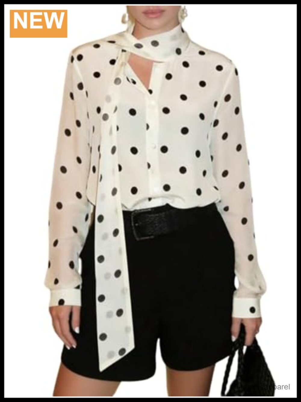 Polka Dot Chiffon Long Sleeve Button Front Blouse with Scarf